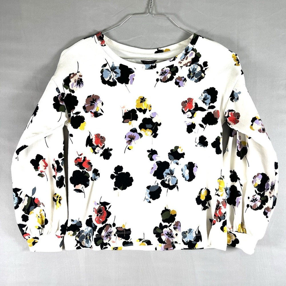 Ann Taylor Petite Floral Print Long Sleeve‎ Top White XSP Women's Cottagecore